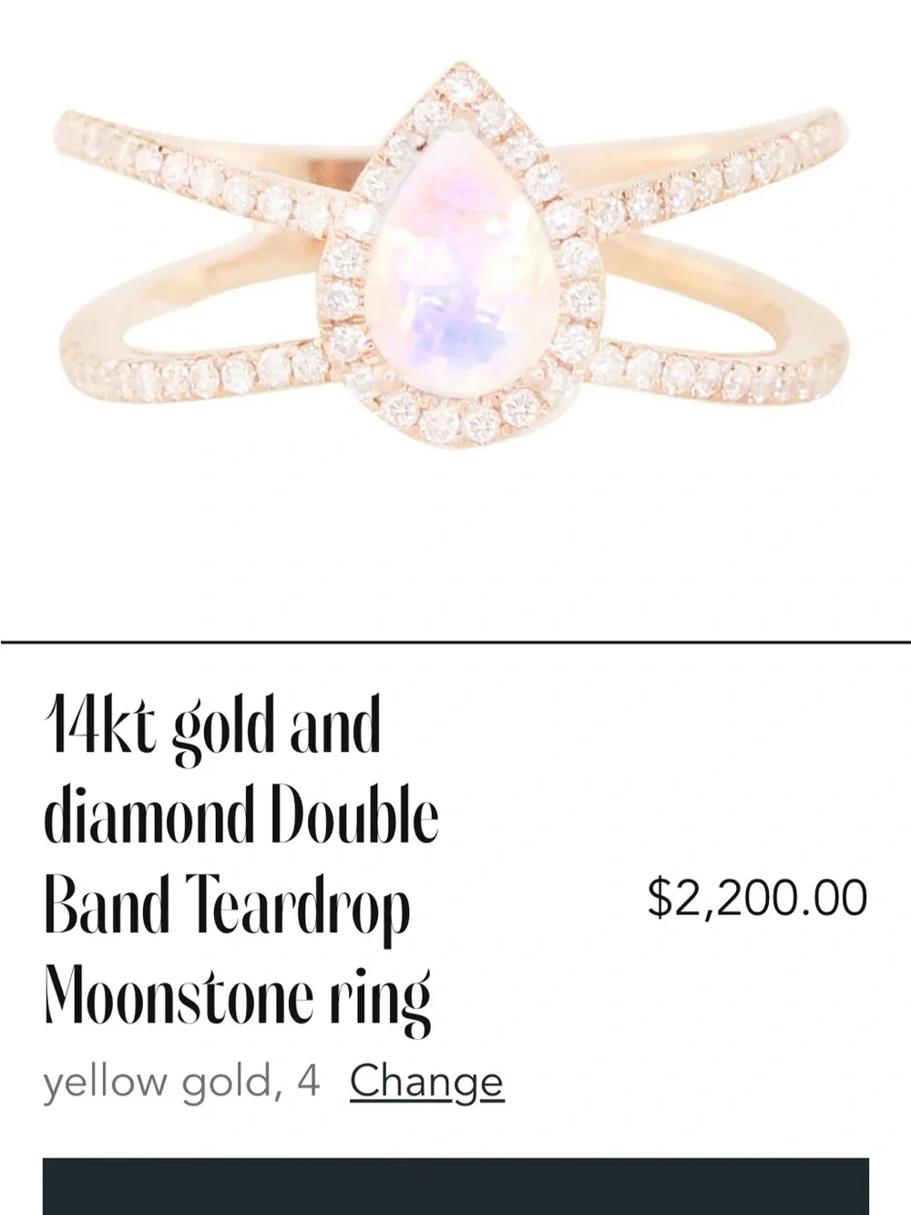 14kt Yellow Gold Double-Band Teardrop Moonstone Ring with Diamond Halo